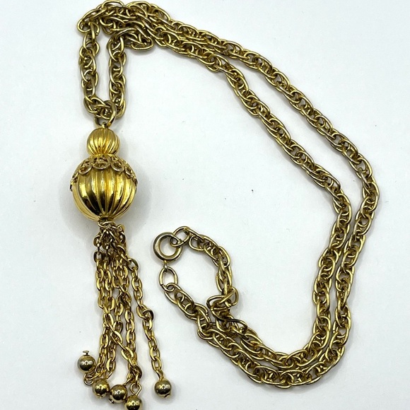 Necklace Chic Gold Tone Filigree Sphere Tassel Necklace Vintage - Picture 6 of 12